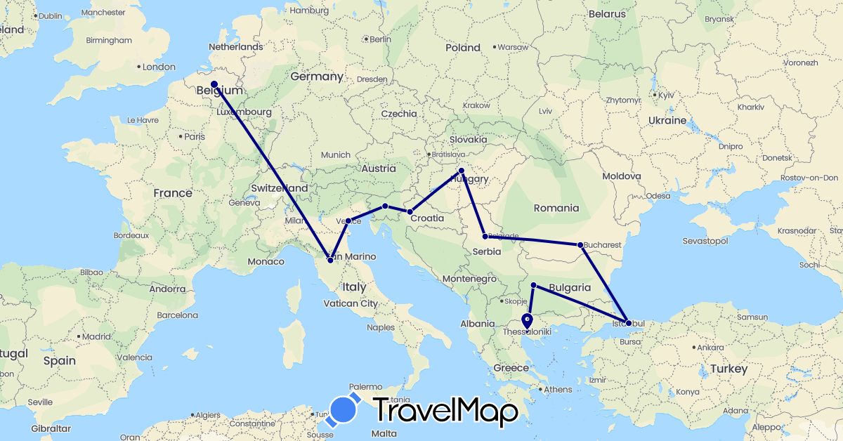 TravelMap itinerary: driving in Belgium, Bulgaria, Greece, Croatia, Hungary, Italy, Romania, Serbia, Slovenia, Turkey (Asia, Europe)